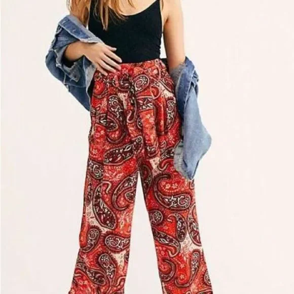 Free People Wide Leg High Waist Boho Tie Waist Paisley Pants Size Small - Picture 3 of 13